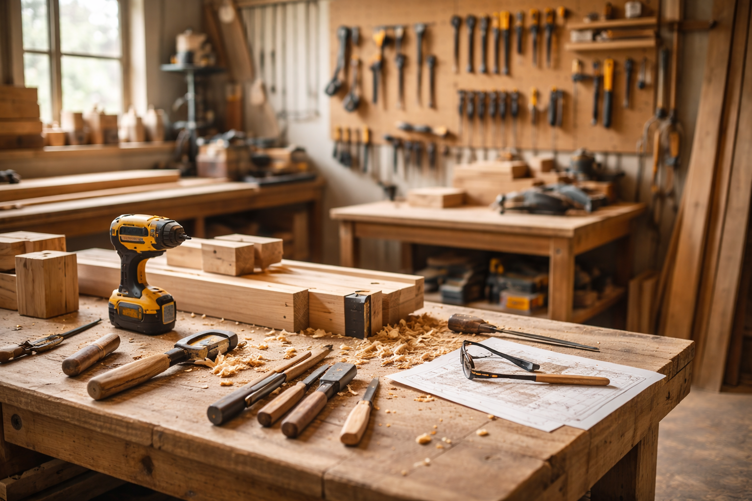 Professionele timmerwerkplaats met werkbank en gereedschap