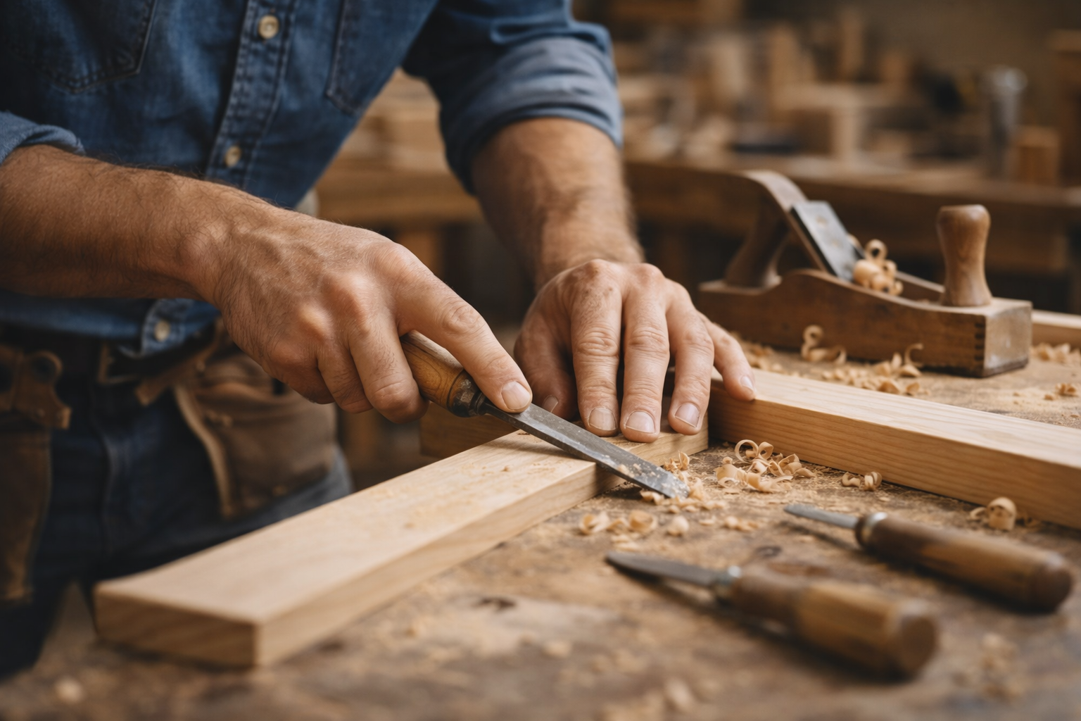Timmerman bevestigt hout, close-up handen en gereedschap